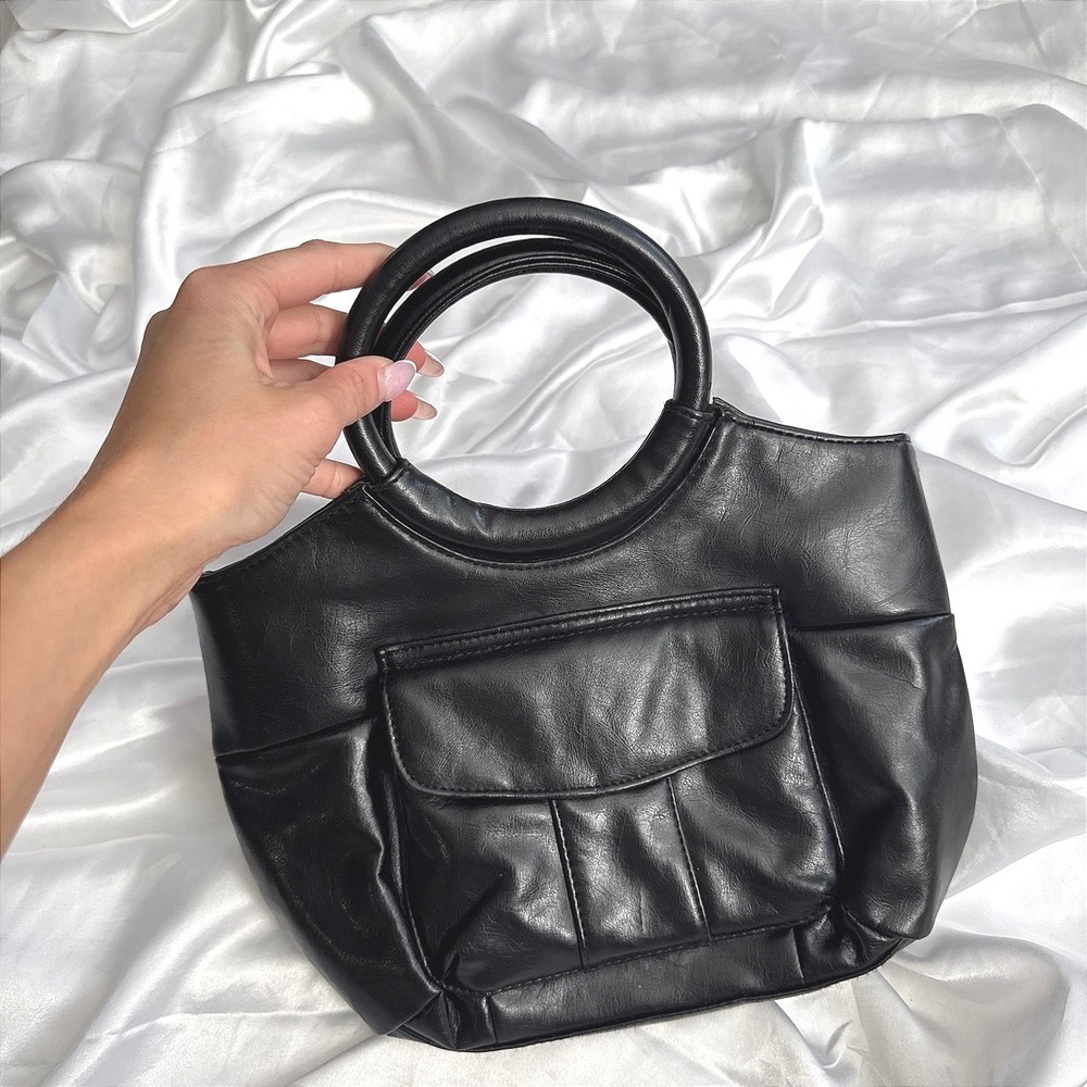 Cato Black Faux Leather Handbag Circular Top Handle Tote Bag Front Pocket